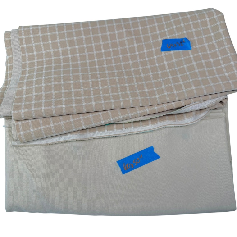 2pc Tan Beige White Grid Solid Fabric Remnant Lot Upholstery Sewing Craft DIY